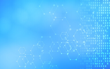 デジタルネットワークをイメージした六角形と四角形のアブストラクト素材、青いグラデーション背景