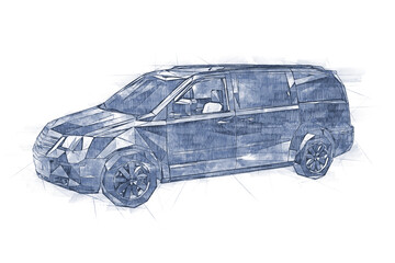 Low-poly stylised sketch illustration of an estate car. - 446779274