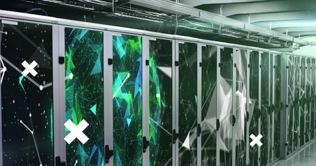 Image of white crosses over globe, data processing with padlock, and network over server room