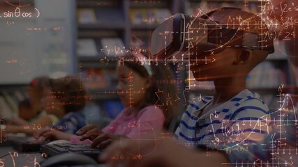 Animation of mathematical equations over schoolchildren wearing vr headset - Powered by Adobe