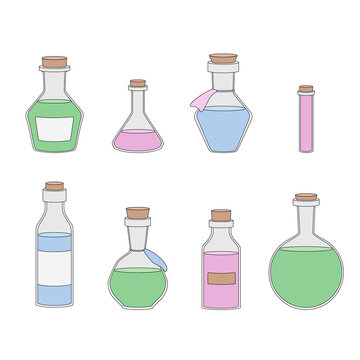 Vector set of flasks of various shapes. Vessels for liquid. Colored Halloween or medicine elements
