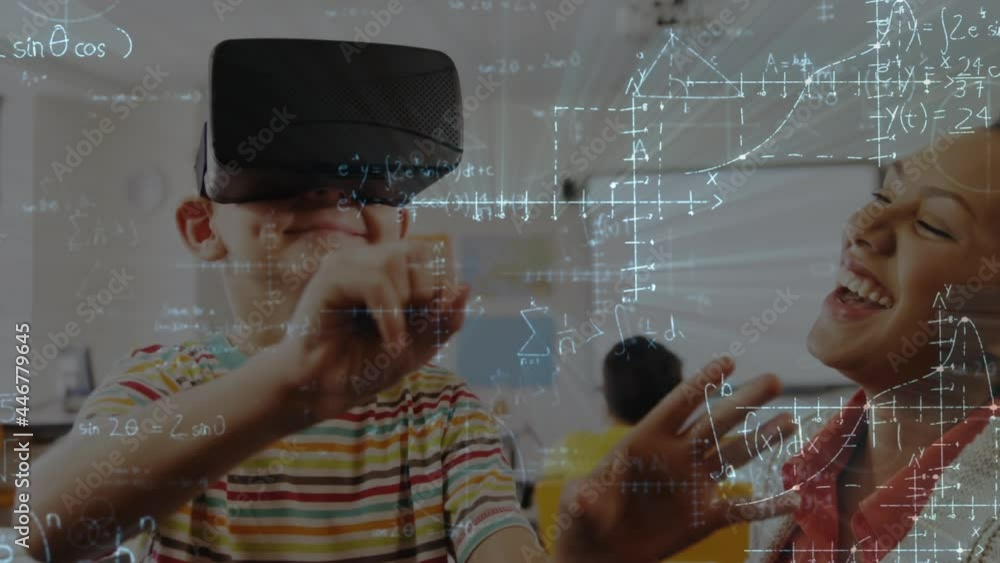 Poster Animation of mathematical equations over schoolboy wearing vr headset