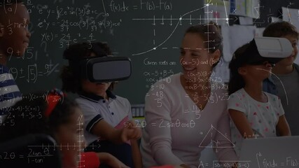 Animation of mathematical equations over schoolchildren wearing vr headsets - Powered by Adobe