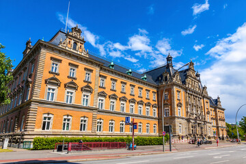 Fototapeta na wymiar Facade of Landgericht Hamburg criminal justice court building (Landgericht Hamburg StrafjustizgebÃ¤ude) on Sievekingplatz square in Hamburg-Mitte district