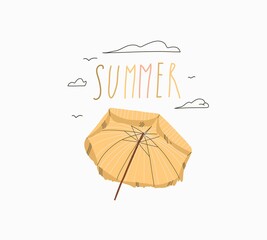 Hand drawn vector abstract stock graphic summer time cartoon,minimalistic illustrations print,with beautiful boho umbrella and Summer handwritten calligraphy lettering solated on white background.
