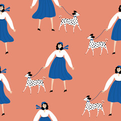 Pretty woman and dalmatian. Cute spotted purebred dog and young girl in blue skirt, white blouse and blue beret. Hand drawn vector illustration. Funny seamless pattern. - 446779809