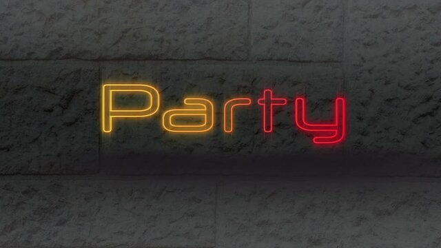 Neon party against grey brick wall in background