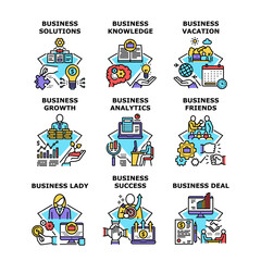 Business Knowledge Set Icons Vector Illustrations. Business Knowledge And Success Solutions, Businesswoman Lady Vacation With Friends And Deal, Finance Growth And Analytics Color Illustrations