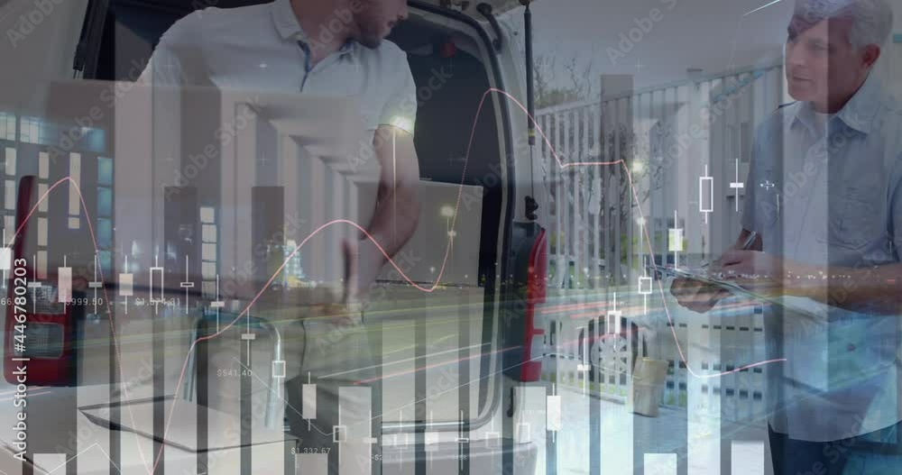 Aufkleber animation of financial data processing over delivery man loading up car outside of warehouse