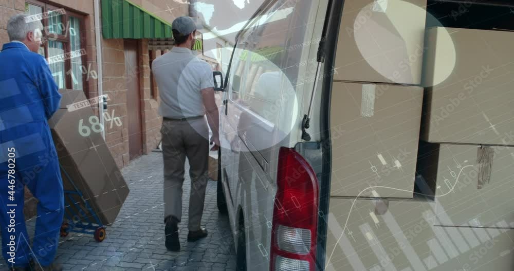 Poster animation of financial data processing over delivery man loading up car outside of warehouse
