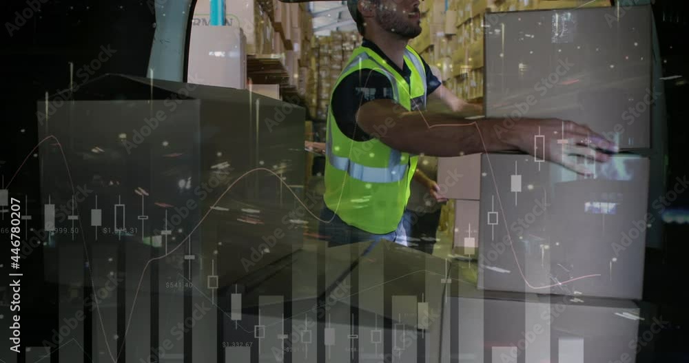 Poster animation of financial data processing over delivery man loading up car in warehouse