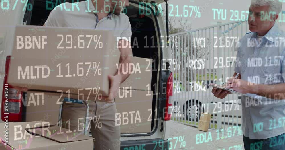 Poster animation of financial data processing over delivery man loading up car outside of warehouse