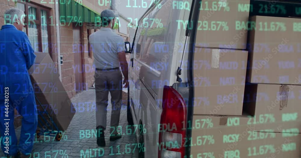 Poster animation of financial data processing over delivery man loading up car outside of warehouse