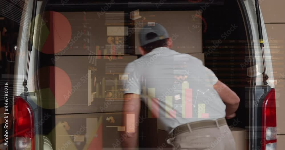 Poster Animation of financial data processing over delivery man unloading car outside of warehouse