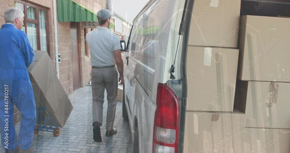 Aufkleber animation of financial data processing over delivery man loading up car outside of warehouse