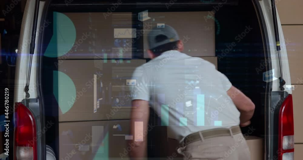 Poster Animation of financial data processing over delivery man unloading car outside of warehouse
