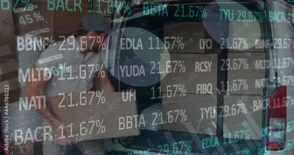 Poster animation of financial data processing over delivery man loading up car outside of warehouse