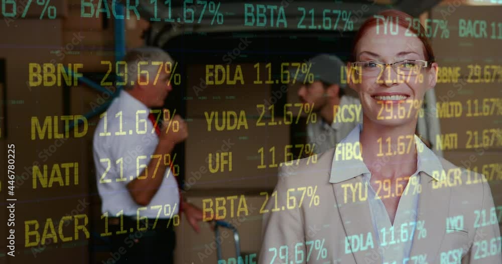 Poster animation of financial data processing over delivery man loading up car outside of warehouse