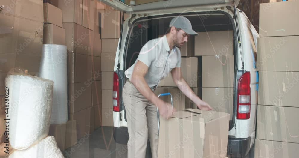 Poster animation of financial data processing over delivery man loading up car outside of warehouse