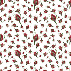 Botanical floral background with red rose buds. Watercolor romantic flowers on a white background. Fresh delicate design for invitation, wedding or greeting cards, textiles, wrapping paper