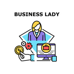 Business Lady Vector Icon Concept. Business Lady Earning Money And Working Online, Searching Job In Internet Or Search Idea For Startup. Businesswoman Occupation Color Illustration
