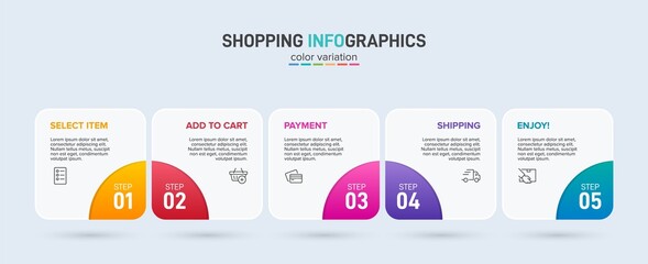 Concept of shopping process with 5 successive steps. Five colorful graphic elements. Timeline design for brochure, presentation, web site. Infographic design layout.