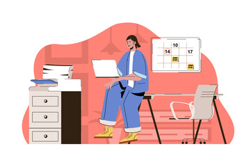 Office management concept. Woman plans workflow, maintains working conditions situation. Corporate culture people scene. Vector illustration with flat character design for website and mobile site