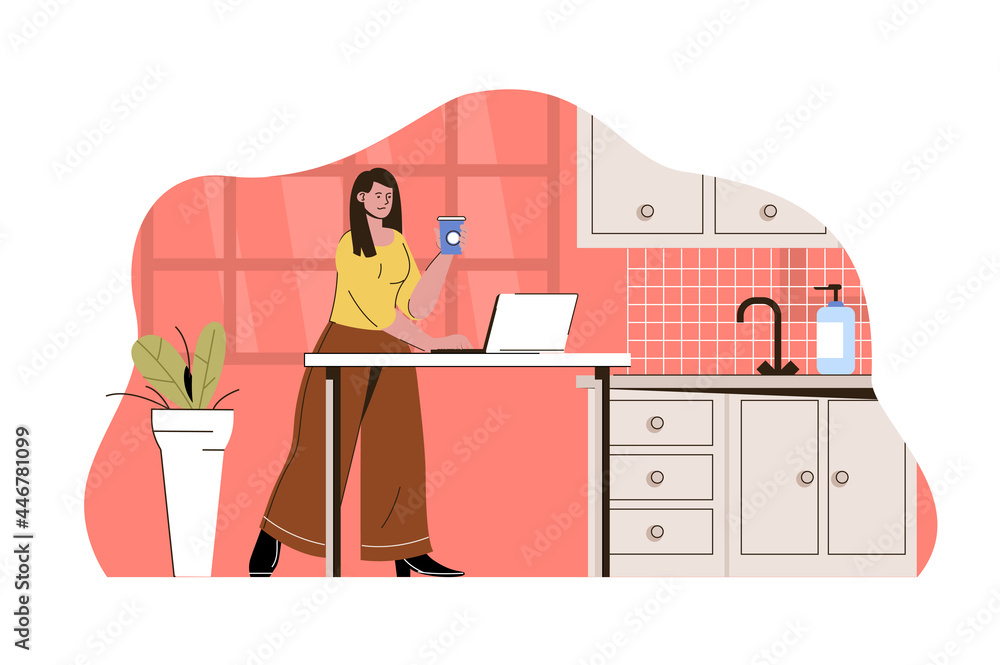 Poster outsource work concept. woman remote worker working in kitchen of home situation. freelancer, projec