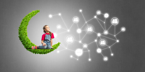 Fototapeta premium Idea of children Internet communication or online playing and parent control