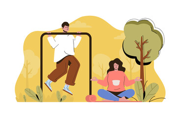 Outdoor training concept. Man exercises on horizontal bar, woman meditates situation. Healthy lifestyle people scene. Vector illustration with flat character design for website and mobile site