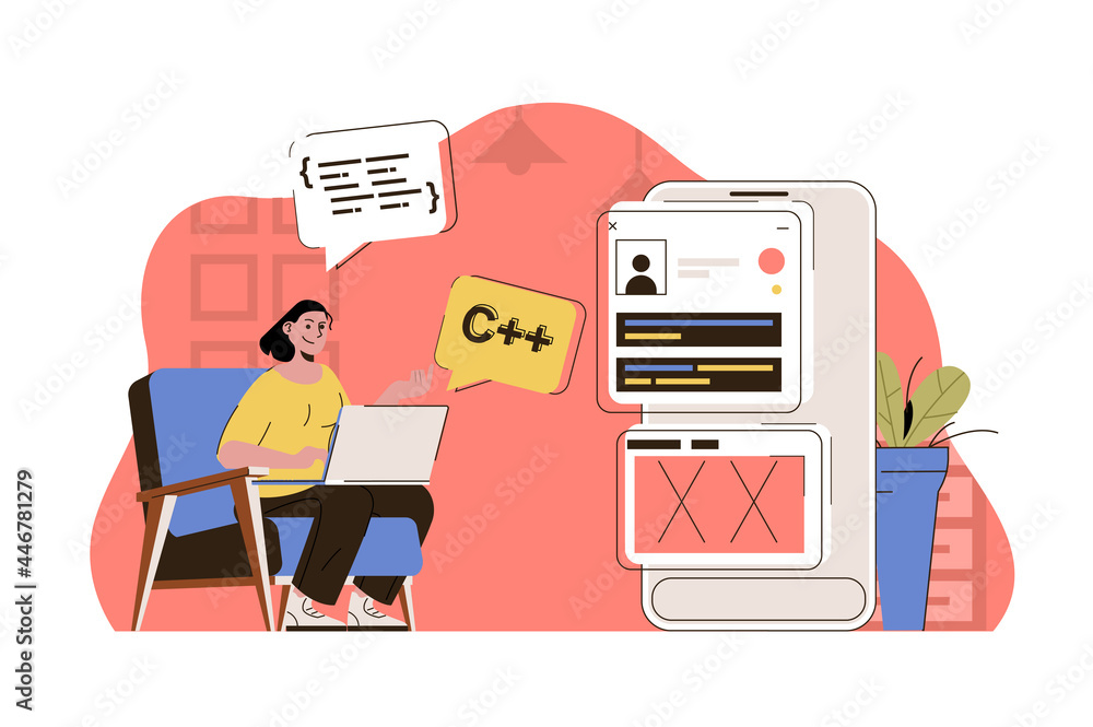 Poster Programming concept. Woman working, writing code, testing program at office situation. Software development people scene. Vector illustration with flat character design for website and mobile site