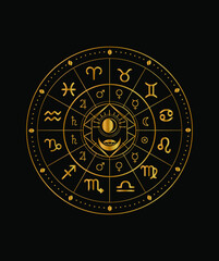 The illustration - zodiac chart in black and gold color.
