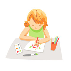 Child drawing at the table. Girl draws a flower. Art class at school. Cartoon vector illustration isolated.