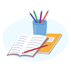School supplies, pencils, notebooks. Flat vector illustration.