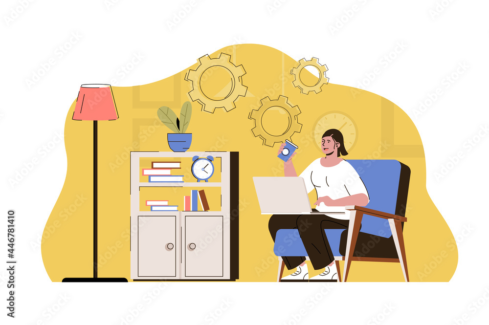 Poster remote workplace concept. employee working online with laptop from home office situation. comfortabl