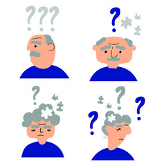 Set of icons of old people suffering from dementia. Flat vector illustrations. 