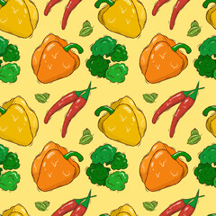 Bright pattern with fresh vegetables. Background with paprika, chili and gooseberries. Pattern for the kitchen. Summer theme. Seamless vector background. Stock illustration.
