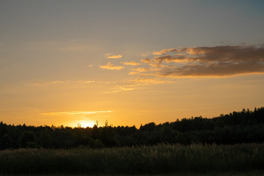 sunset in the village against the background of the forest © Надежда Фишман