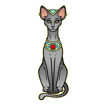 Animation portrait Ancient Egyptian goddess Bastet (Bast). Sacred cat. Vector illustration isolated on a white background. Print, poster, tatoo.