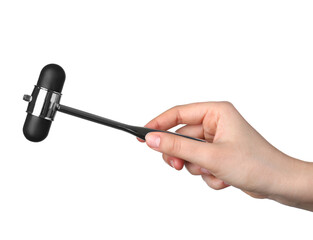 Woman with reflex hammer on white background, closeup. Nervous system diagnostic