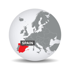 World globe map with the identication of Spain. Map of Spain. Spain on grey political 3D globe. Europe countries. Vector stock.	
