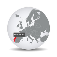 World globe map with the identication of Portugal. Map of Portugal. Portugal on grey political 3D globe. Europe countries. Vector stock.