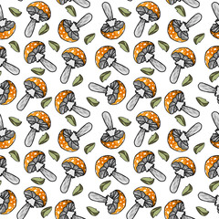 Halloween doodle mushroom on white background. Color image. Fly agaric. Design for textile, fabric, scrapbooking, wrapping, packing.
