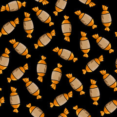 Cute candy seamless pattern on a black background. Halloween illustration. Orange and 
beige color. Design for textile, fabric, wrapping, packing, scrapbooking, card, poster.