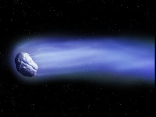 Comet with a cloud of gas and dust in outer space. Comet tail, glowing meteor flies in space against the background of stars.