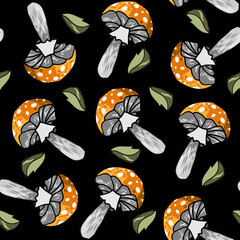 Halloween doodle mushroom on black background. Color image. Fly agaric. Design for textile, fabric, scrapbooking, wrapping, packing.