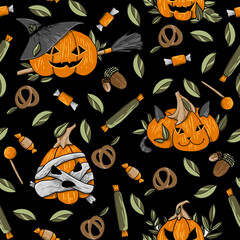 Halloween pumpkin doodle drawing on black background. Color image. Isolated vegetables, sweets. halloween costumes. Seamless pattern.