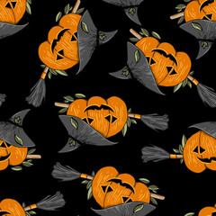 Seamless pattern with halloween pumpkins on a black background. Witch with broom. Design for wrapping, scrapbookig paper, textile, fabric