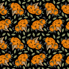 Seamless pattern with halloween cat pumpkins on a black background. Design for wrapping, scrapbookig paper, textile, fabric