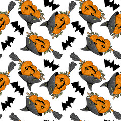 Seamless pattern with halloween pumpkins and bat on a white background. Witch with broom. Design for wrapping, scrapbookig paper, textile, fabric